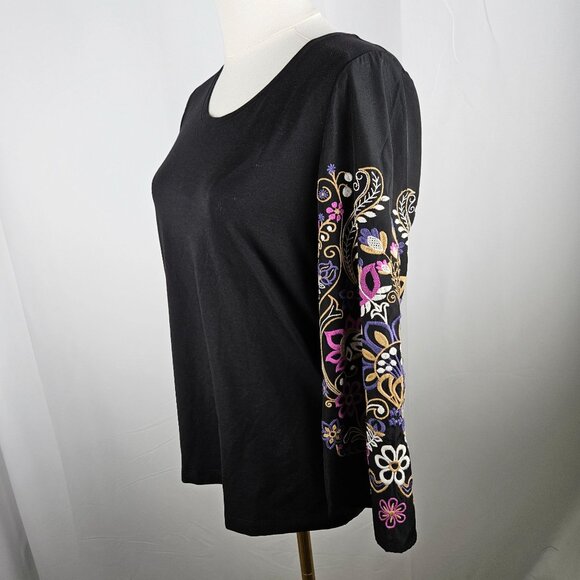 Chico's Black Embroidered Long Sleeve Top Knit Woven Size Small Boho Feminine - Picture 6 of 9